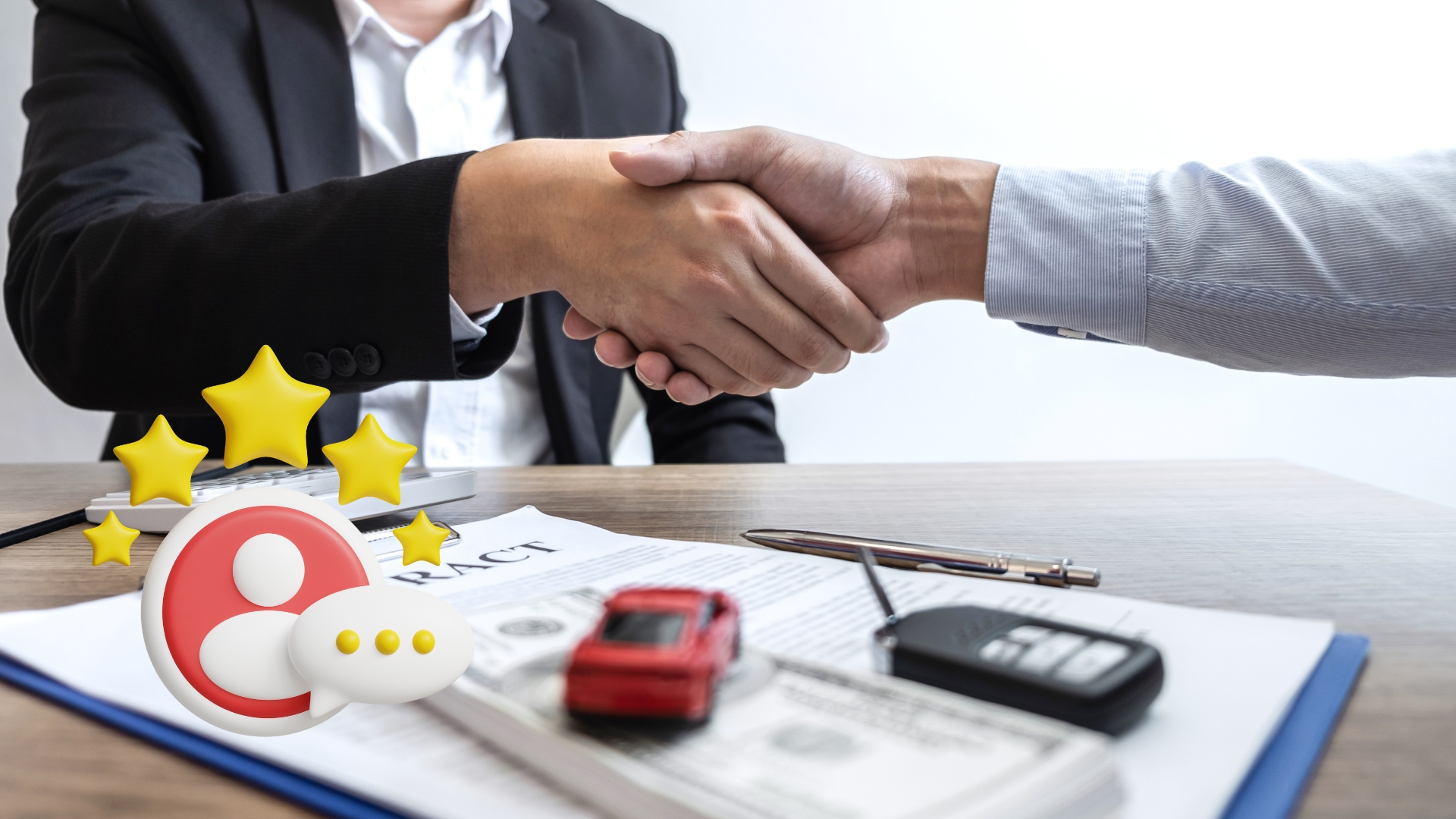 Customer shakes hands with insurance agent over car insurance policy at Complete Insurance Hub