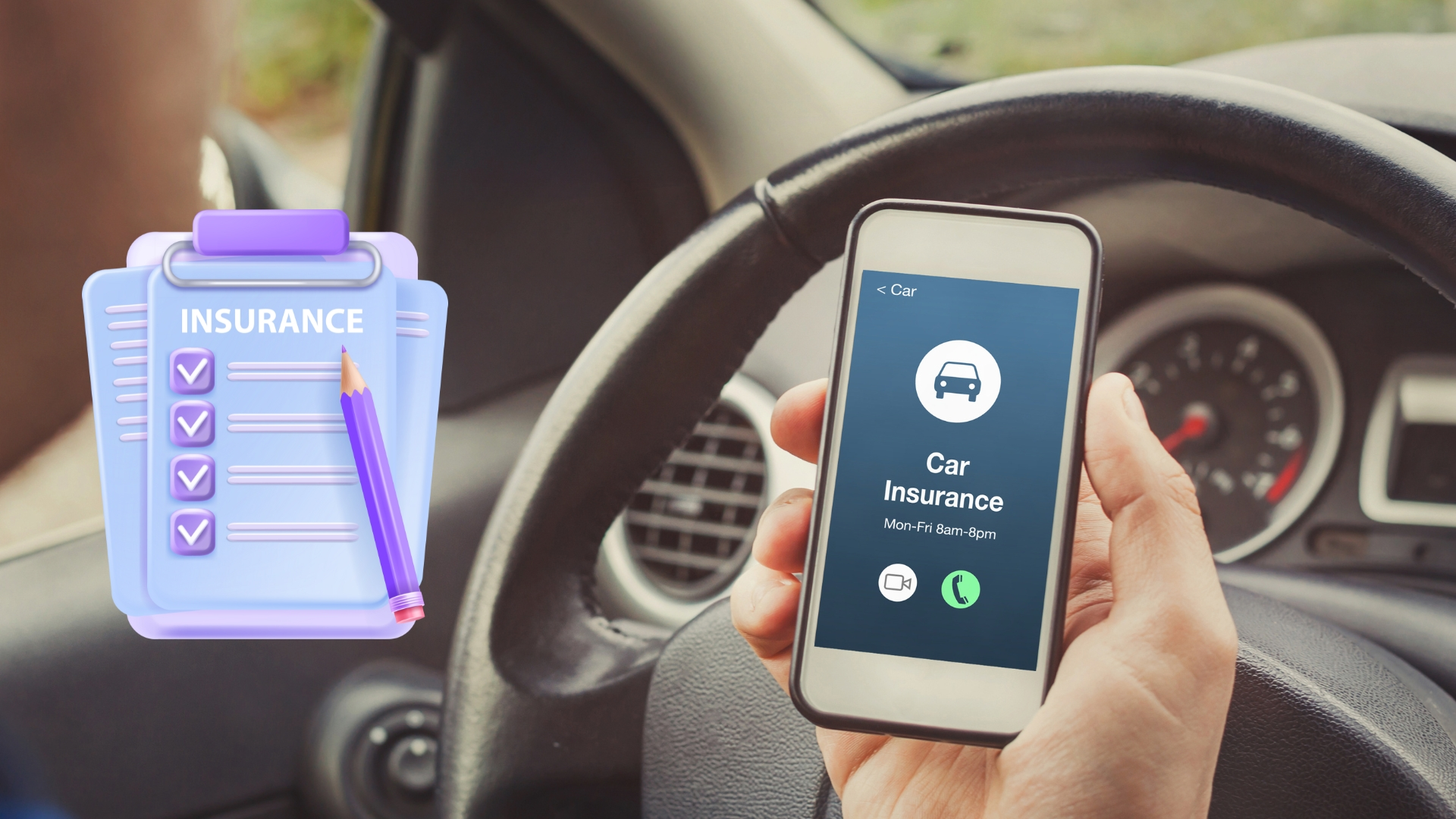 Driver holding phone with car insurance app, exploring coverage options inside car through Complete Insurance Hub