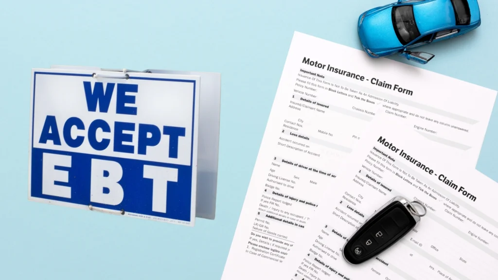 Visual showing EBT car insurance with an EBT sign, claim forms, car key, and toy car on a blue background