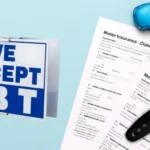 Visual showing EBT car insurance with an EBT sign, claim forms, car key, and toy car on a blue background