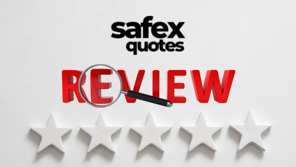 Safex car insurance review with Safex Quotes logo, magnifying glass over review text, and five white stars.