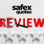 Safex car insurance review with Safex Quotes logo, magnifying glass over review text, and five white stars.
