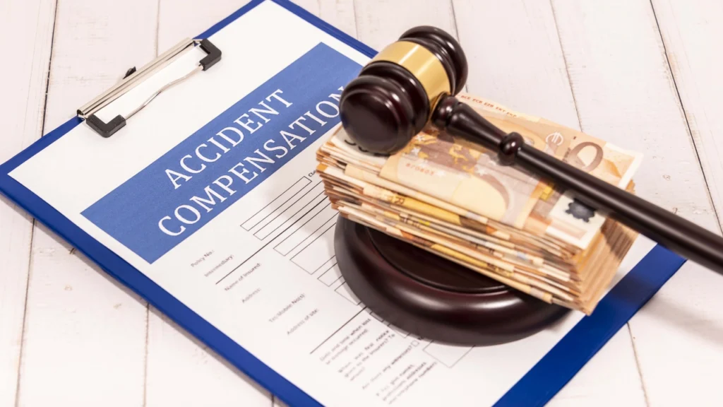 Can Accident Reimbursement Be Claimed? Image shows an accident compensation document with money and a gavel.