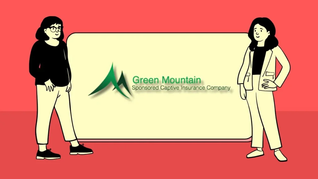 Cartoon figures on red background flank a yellow panel with the Green Mountain Insurance Company logo in center.