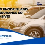 Why is Rhode Island car insurance so expensive? Image shows parked SUVs with title and branding from Complete Insurance Hub