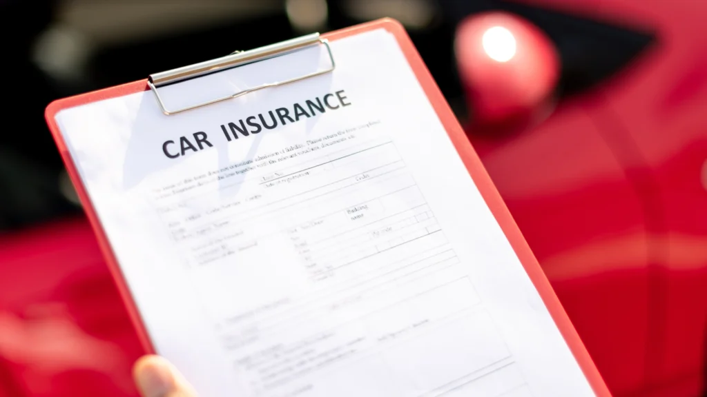 Close-up of a clipboard displaying a Car Insurance Template form, held in front of a red car with blurred background.