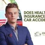 Young man in suit stands beside red car with text overlay asking, "does health insurance cover car accidents?