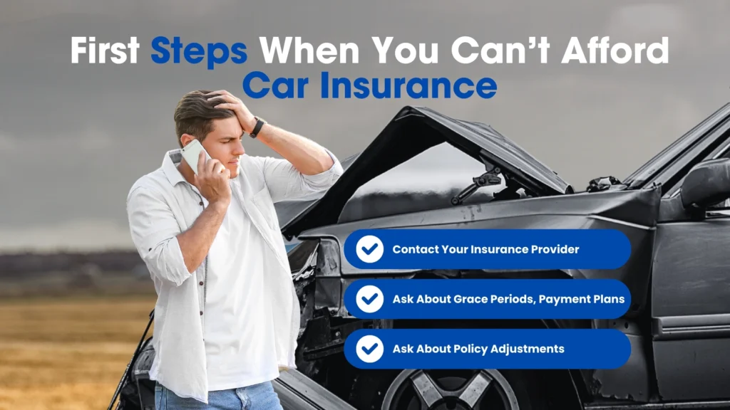 Man next to crashed car calling for emergency help to pay car insurance; screen shows steps to follow.