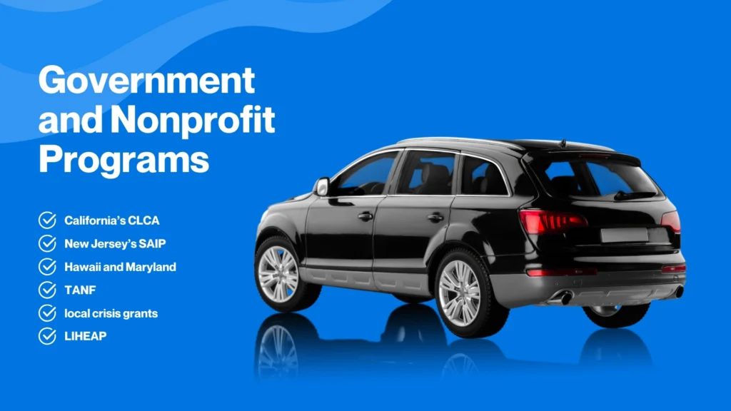 Emergency help to pay car insurance available through government and nonprofit programs like CLCA and TANF.