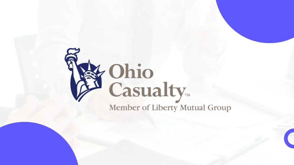 Ohio Casualty Insurance Company logo, a member of Liberty Mutual Group, with business discussion in the background.