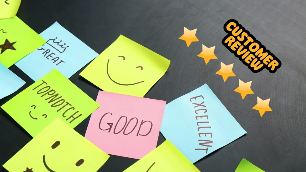 Customer review with positive feedback on sticky notes, featuring stars and phrases like 'excellent' and 'topnotch' for Ohio Casualty Insurance Company