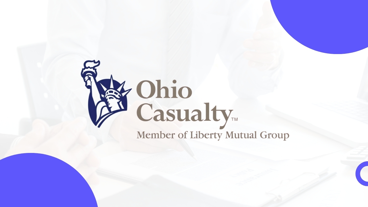 Ohio Casualty Insurance Company logo, a member of Liberty Mutual Group, with business discussion in the background.